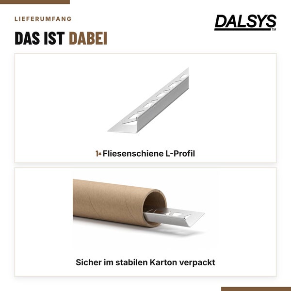 Dalsys Logo und Lieferumfang bestehend aus einer Fliesenschiene als L-Profil und einer stabilen Transportverpackung aus Karton.
