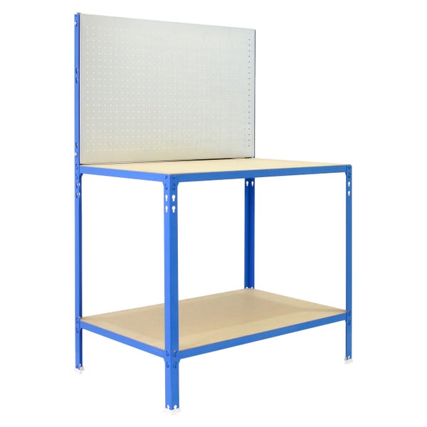 Werkbank BUFALLO LIGHT mit Lochwand & 2 Ebenen | HxBxT 144,5x90x60cm | Traglast 220kg | Blau/Verzinkt