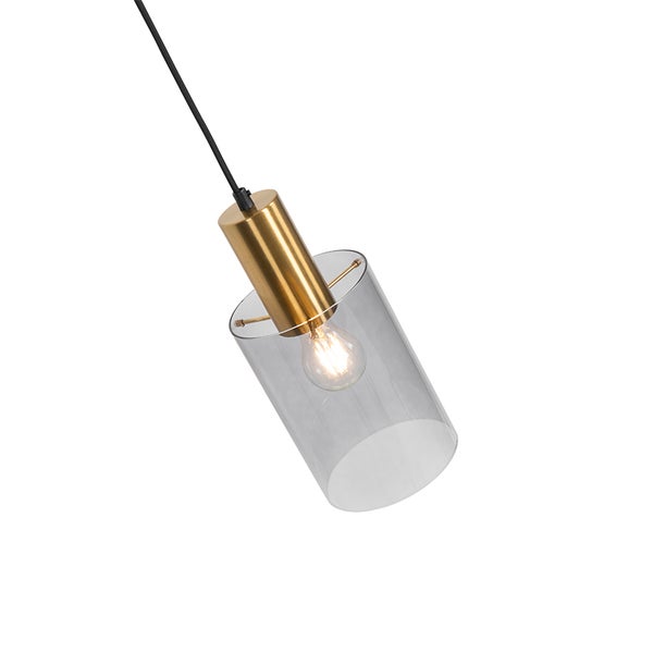 Hängeleuchte mit zylindrischem Glasschirm, goldfarbener Metallfassung und schwarzem Kabel.