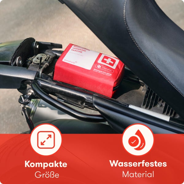PURAHELP Motorrad Verbandskasten nach aktueller Norm 2024 DIN 13167 (StVO konform) - Inkl. Warnweste & Beatmungstuch - Motorrad Erste Hilfe Set 2024 Mini Klein