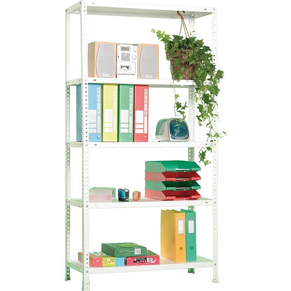 Weißes Metallregal mit fünf Fachböden, genutzt als Büroregal mit Ordnern und Ablagesystemen.