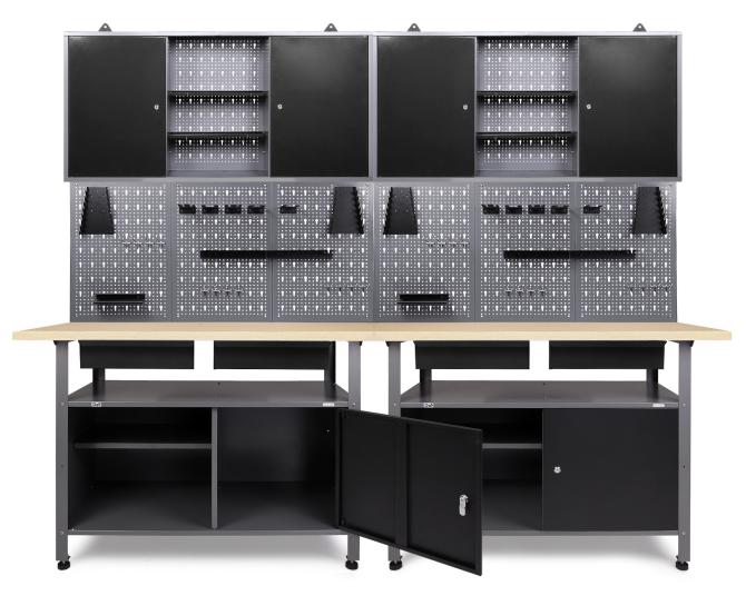 Werkbank mit Lochwand, Schränken und Arbeitsfläche für Werkstatt