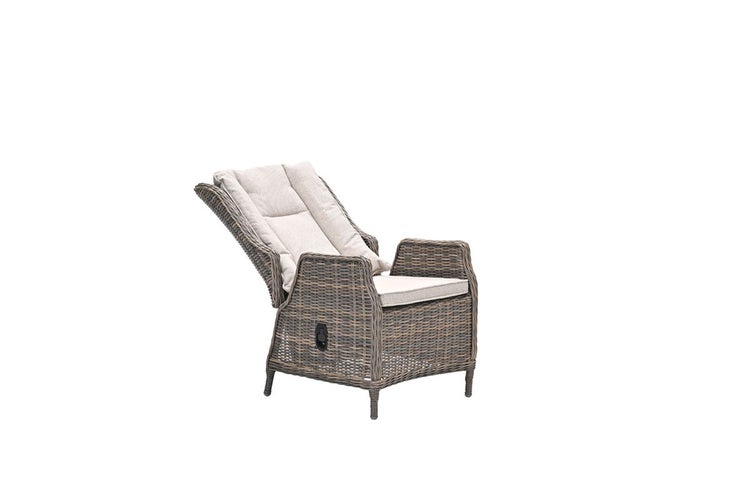Garten-Relaxsessel aus Polyrattan mit verstellbarer Rückenlehne und Polsterauflagen.