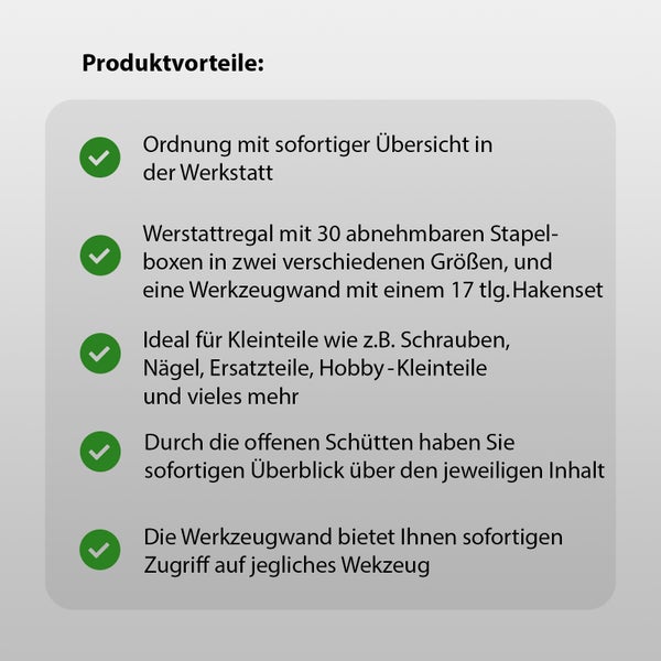 Infografik mit den Produktvorteilen eines Werkstattregals inklusive 30 Stapelboxen und Werkzeugwand mit 17 teiligem Hakenset für mehr Ordnung.