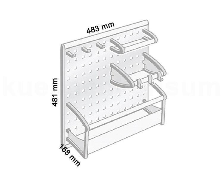 Lochwand Werkzeugwand mit Halterungen, Maße 483 Millimeter x 481 Millimeter x 158 Millimeter.