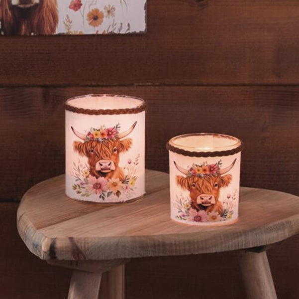 FRANK FLECHTWAREN|Windlicht Stier mit Blumenkranz, 2er Set, 7 x 7 x 8 cm, 8 x 8x 10 cm, GLAS, BAUMWOLLE, KUNSTLEDER