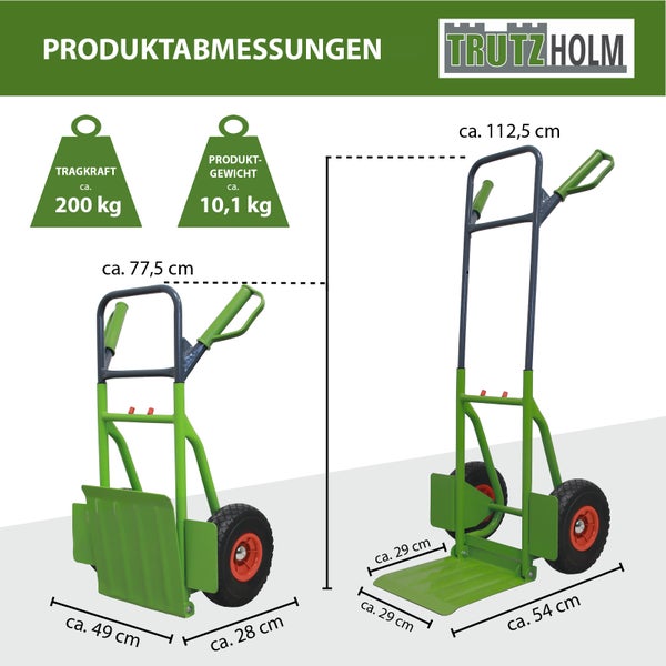 Sackkarre Stahl 200 kg 112,5 cm Höhe große klappbare Ladefläche 29x29 cm pannensichere PU-Räder