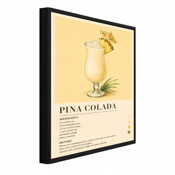 Wandbild mit Rezept für Pina Colada Cocktail in schwarzem Rahmen