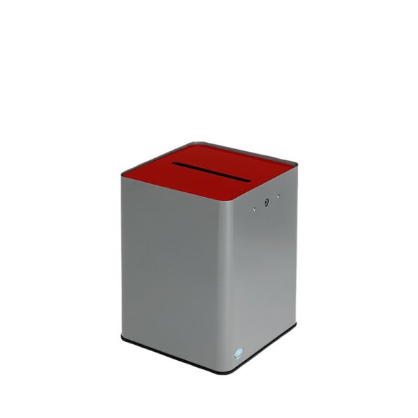 Batterie-Sammelbox aus Metall in Grau mit rotem Deckel, Einwurfschlitz und Schloss.