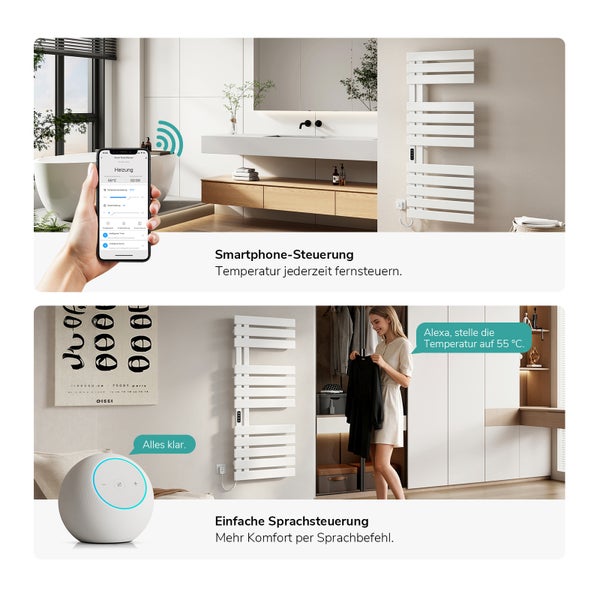 Smarte Steuerung eines Handtuchheizkörpers per Smartphone und Sprachbefehl in modernem Badezimmer und Wohnraum.