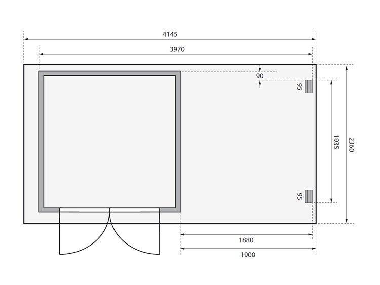 Technische Zeichnung Grundriss Gartenhaus mit Maßen in Millimeter, Breite 4145 Millimeter und Tiefe 2360 Millimeter.