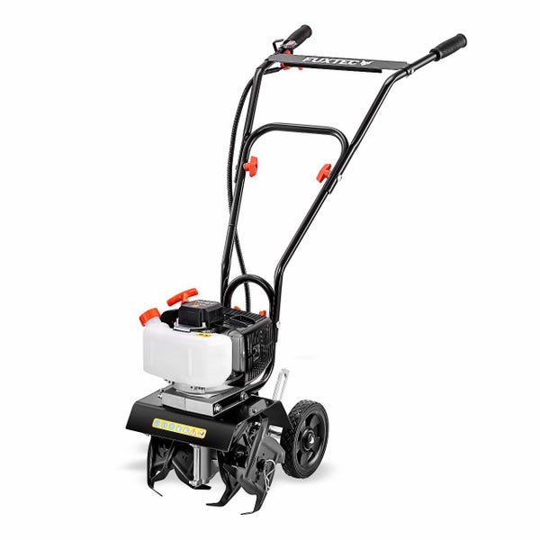 Benzin-Gartenfräse von Fuxtec mit Motor, schwarzem Gestell, Metallmessern und einem Transportrad.