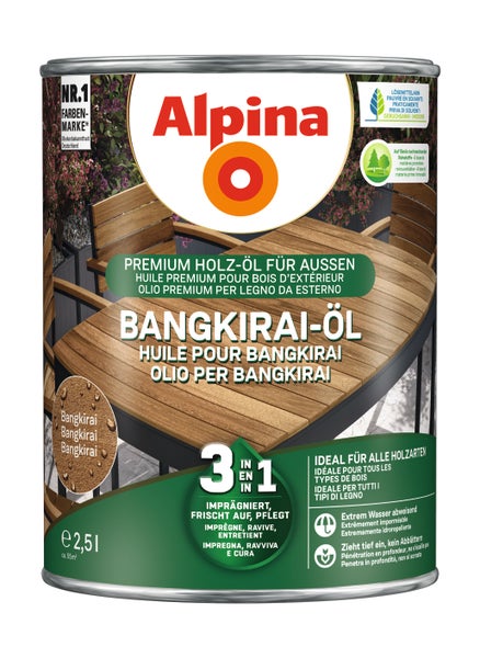 Alpina Bangkirai-Öl 2,5 Liter, 3 in 1 Holzöl für außen, imprägniert, frischt auf und pflegt, lösemittelarm, auf Basis nachwachsender Rohstoffe.