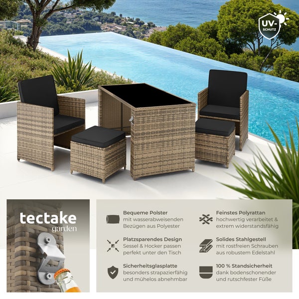 Rattan Sitzgruppe tectake Palermo inklusive Flaschenöffner, zusammenschiebbar für 2 bis 4 Personen natur