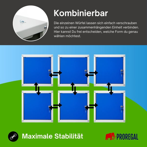Modulare Schließfachwürfel von ProRegal für maximale Stabilität, horizontal und vertikal verschraubbar. ProRegal Logo.