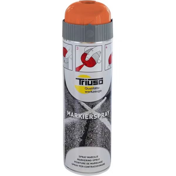 Triuso Markierspray in der Sprühdose mit Schutzkappe für Markierungen auf Baustellen und im Garten.