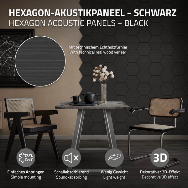 ML-Design 2er Set Akustikpaneele 66x81x2cm für 1m² – Schwarz, MDF Akustikplatten in Hexagon-Holzoptik, Wandpaneele zur Schalldämmung, Wandverkleidung für Büro, Studio, Schallschutz & Akustikbehandlung