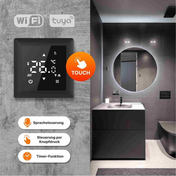 Raumansicht mit einem schwarzen Touchscreen-Thermostat mit WLAN Funktion an einer Wand und einem modernen Badezimmer mit Waschtischunterschrank und Spiegel