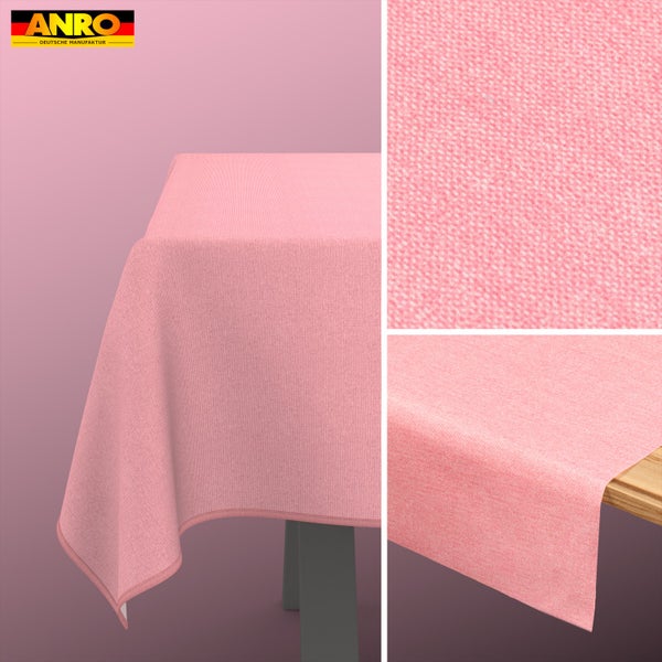 ANRO Logo. Tischdecke mit gewebter Struktur und gesäumtem Rand, drapierte Ansicht sowie Detailaufnahmen der Textur und Kantenverarbeitung.