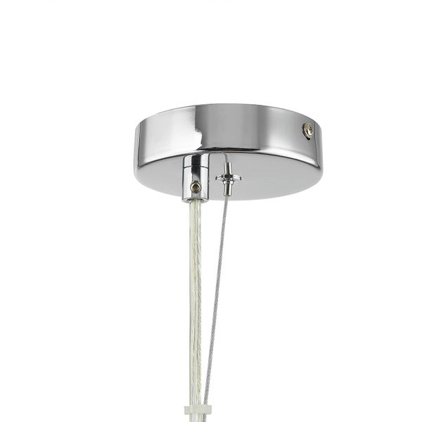 Runder Deckenbaldachin aus Chrom für eine Pendelleuchte mit transparentem Stromkabel und dünnem Drahtseil zur Aufhängung.