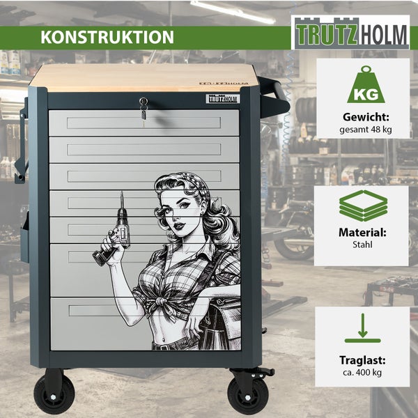 Werkstattwagen mit 7 Schubladen aus Stahl, Holzplatte und Trutzholm Logo, Gewicht 48 Kilogramm, Traglast circa 400 Kilogramm.