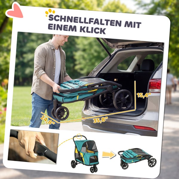 Hundebuggy mit Ein-Klick-Faltsystem. Maße zusammengeklappt: circa 35,8 Zoll lang, 24,8 Zoll breit und 15,4 Zoll hoch.