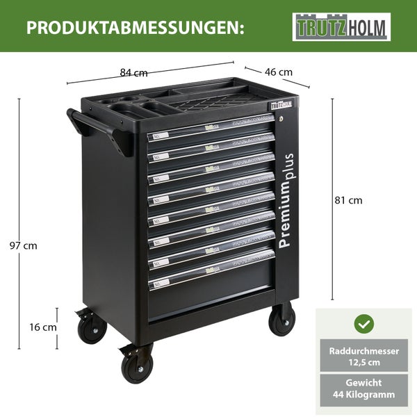 Trutzholm Werkstattwagen Premium plus mit 7 Schubladen inklusive Maßangaben und technischen Daten.
