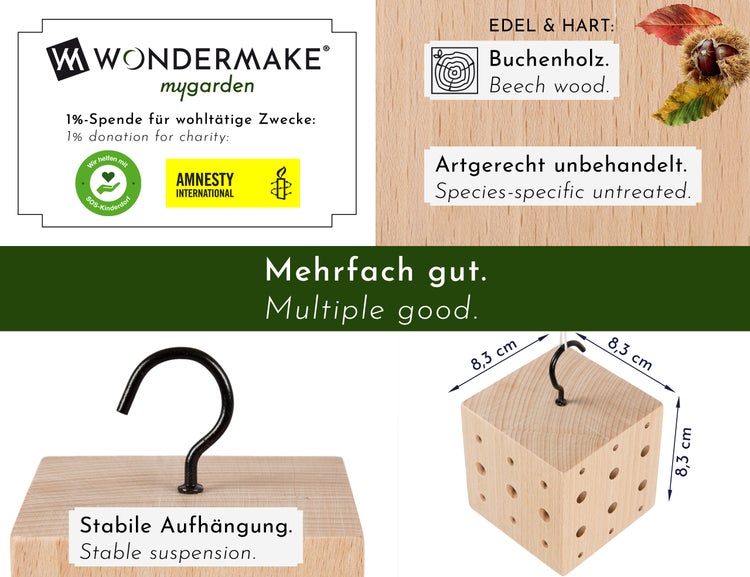 WONDERMAKE® 3er Set: Design Insektenhotel klein, Kubus aus Buche-Holz mit 3x 42 Nistplätzen, Bienenhotel hängend Nisthilfe für Wildbienen, braun schwarz