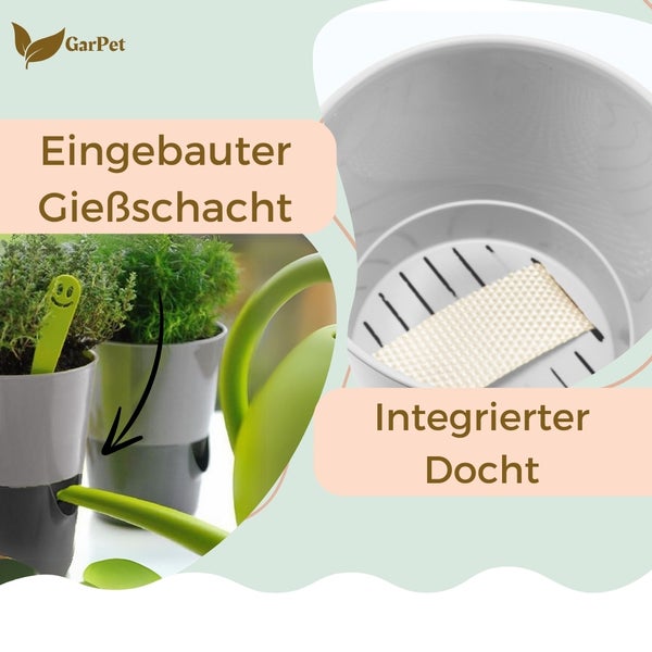 GarPet Logo. Pflanzen in Blumentöpfen mit integriertem Bewässerungssystem, Gießkanne.
