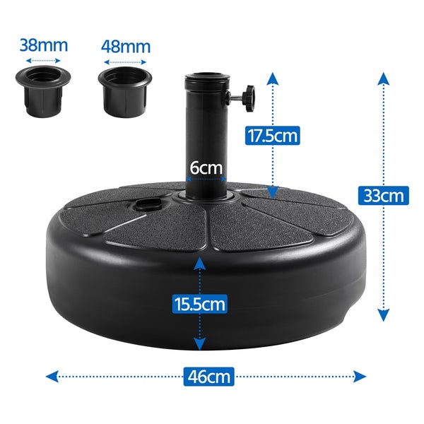 Sonnenschirmständer rund schwarz, Durchmesser 46 Zentimeter, Höhe 33 Zentimeter, mit Adaptern für 38 Millimeter und 48 Millimeter.