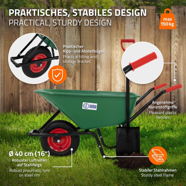 Grüne Schubkarre mit 150 Kilogramm Tragkraft, 40 Zentimeter Luftreifen auf Stahlfelge, Kunststoffgriffen und Stahlrahmen auf einer Rasenfläche.