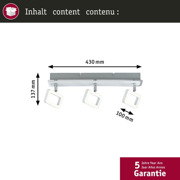 Inhalt: LED-Deckenstrahler, 3-flammig, Breite 430 Millimeter, Höhe 137 Millimeter, Spotbreite 100 Millimeter, mit 5 Jahren Garantie.