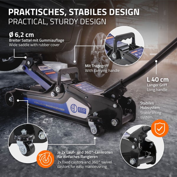 Hydraulischer Rangierwagenheber mit langem Griff und Tragegriff