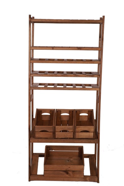 PROREGAL Getränkekisten- & Weinregal SPREEWALD HxBxT 163x70x33cm 18 Flaschen auf 3 Ebenen + 2 Ebenen für Kisten + 2 Ablagen Massives Kiefernholz Braun geölt