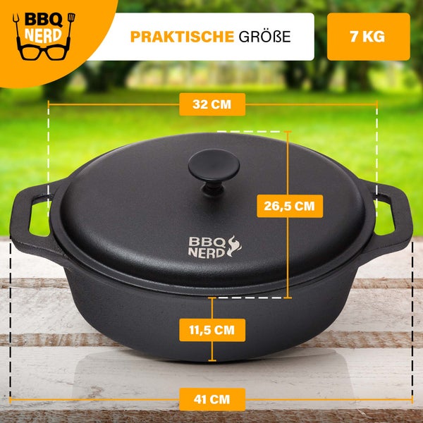 BBQ-Nerd Bräter mit Deckel (oval, 33x26 cm) aus Gusseisen 6,4 L | Bratentopf Kochtopf Gusseisentopf Schmortopf | Cocotte zum langsamen Garen - Herd, Ofen & Grill