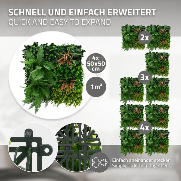 Set aus vier künstlichen Pflanzenwandmodulen mit Stecksystem, jedes Modul 50 mal 50 Zentimeter, ergibt eine Gesamtfläche von 1 Quadratmeter.