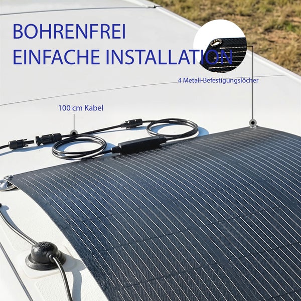 Flexibles Solarmodul zur bohrfreien Installation mit 100 Zentimeter Kabel und 4 Metall-Befestigungslöchern.