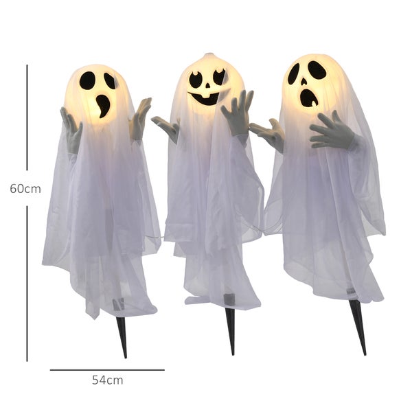 HOMCOM 60cm 3er-Set Halloween Dekoration Halloween-Geister-Hofpfählen mit LED-Lichter verstellbare Arme Halloween-Außendekoration für Rasen, Garten Stahl, Weiß
