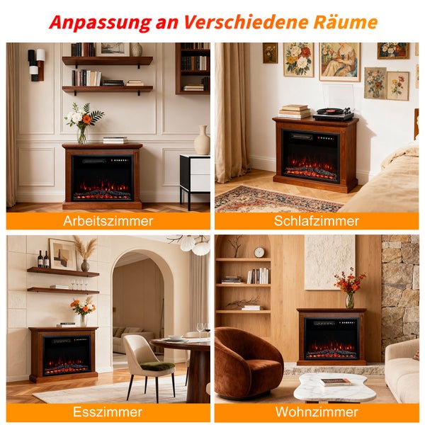 Das Bild zeigt eine Collage mit vier verschiedenen Räumen, in denen ein Elektrokamin steht: Arbeitszimmer, Schlafzimmer, Esszimmer und Wohnzimmer.