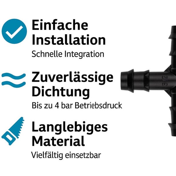 Schwarzes T-Stück aus Kunststoff für Tropfbewässerungssysteme mit Widerhakenanschlüssen.