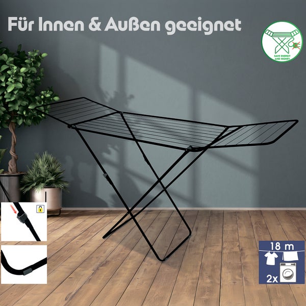 BigDean Wäscheständer Schwarz zusammenklappbar 18m Trockenlänge – Wäschetrockner Ständer mit X-Beinen für stabilen Stand – Wäscheständer ultra leicht & Made in Europe
