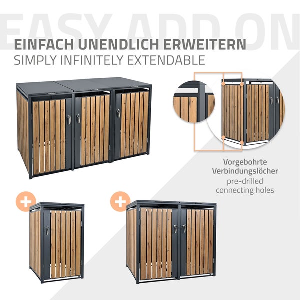 ML-Design Mülltonnenbox 3er 3 Tonnen 240L 200x80x116,3cm Anthrazit-Eichenoptik, Stahl, wetterfest/abschließbar Mülltonnenverkleidung Klappdeckel/3 Türen Müllbox Mülltonnecontainer Mülltonnenabdeckung