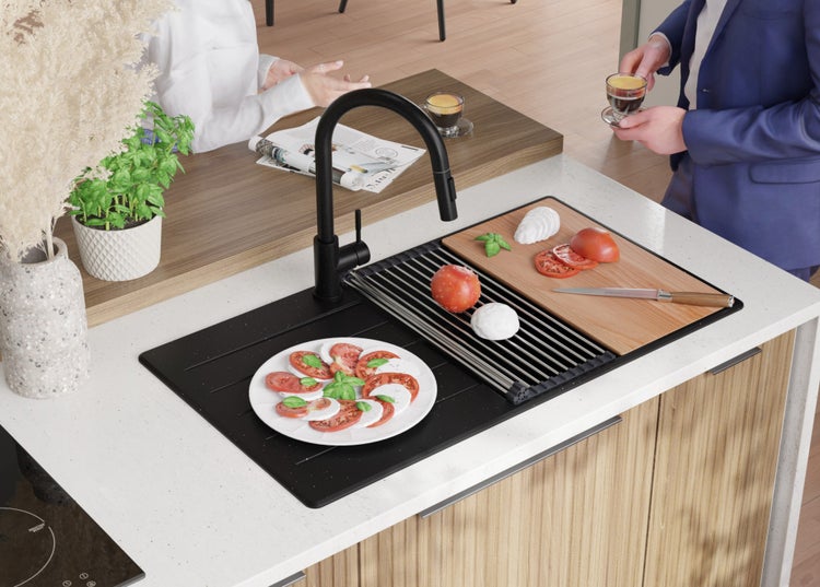 PRIMAGRAN Spülbecken Schwarz Metallic 90x50cm, Granitspüle 1 Becken + Ablauf-Set + Schneidebrett, Küchenspüle ab 60er Unterschrank - Kopenhagen