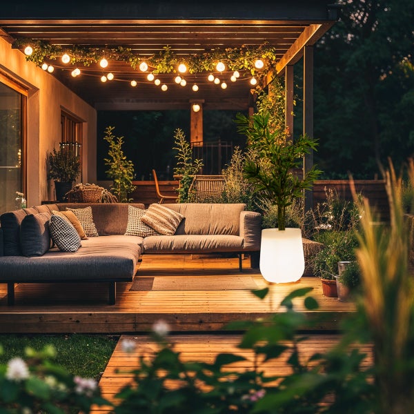 Modern gestaltete Holzterrasse am Abend mit L-förmigem Gartensofa, beleuchtetem Blumentopf und einer Lichterkette unter einer Holzpergola.