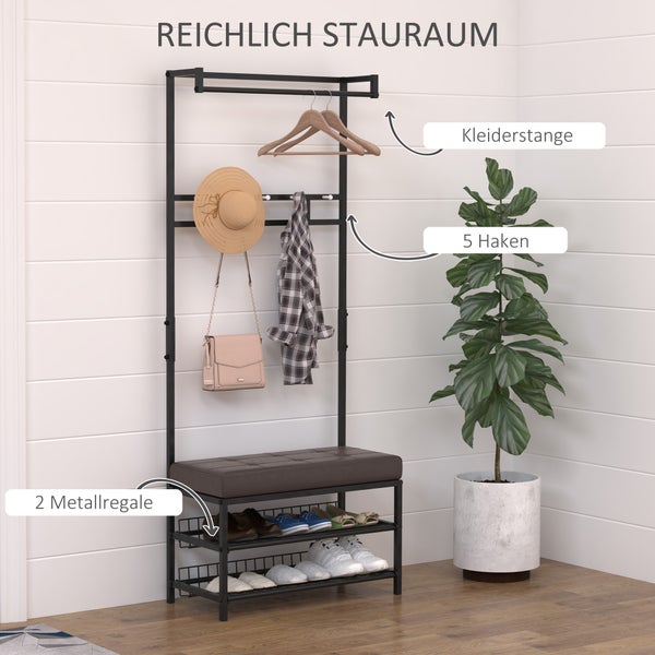 HOMCOM Garderobenständer Garderobenbank Kleiderständer Schuhregal mit Sitzfläche Garderobe mit Sitzfläche und 2 Schuhablagen, Metall, 72,5x35x180cm