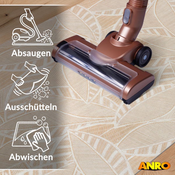 Staubsauger auf Küchenmatte mit Blattmuster. Symbole für Absaugen, Ausschütteln, Abwischen. ANRO Logo.