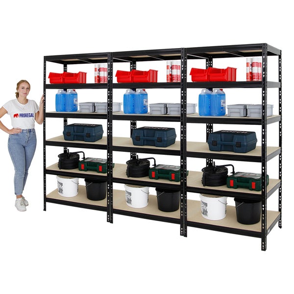 PROREGAL Mega Deal 3x Schwerlastregal Giant Tiger HxBxT 200 x 90 x 60 cm Fachlast 265 kg 6-Ebenen Schwarz