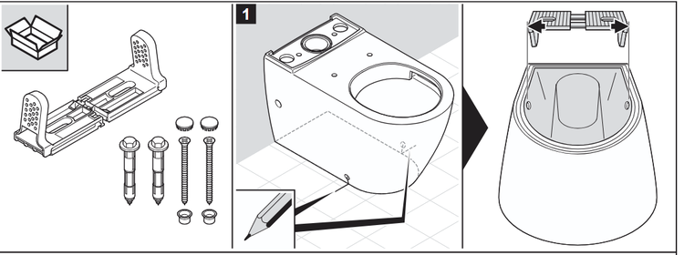 Abbildung einer Wand-Tiefspültoilette mit Montagezubehör und Installationsanleitung.