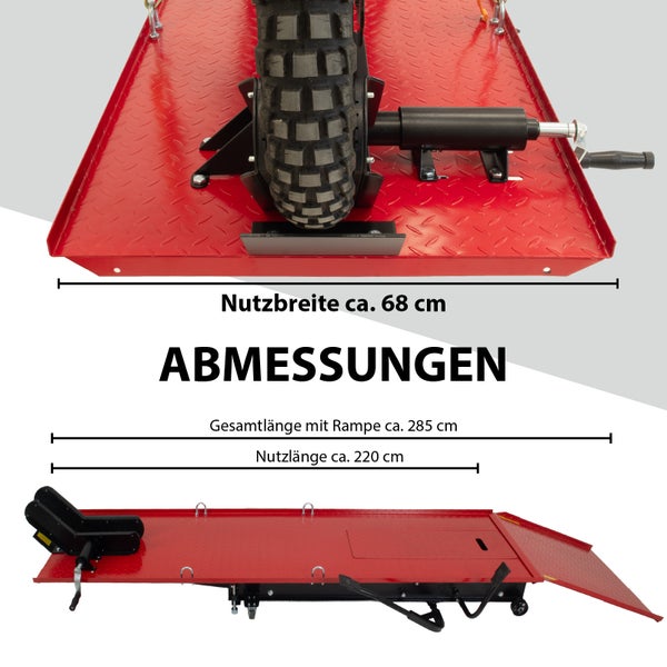 Abmessungen einer roten Motorradhebebühne mit Angaben zur Nutzbreite, Gesamtlänge mit Rampe und Nutzlänge.