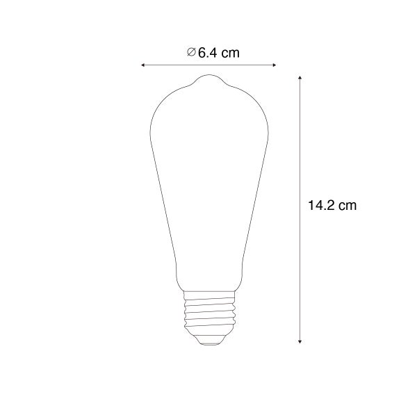 Technische Zeichnung einer Vintage-Glühbirne mit einem Durchmesser von 6,4 Zentimetern und einer Höhe von 14,2 Zentimetern.